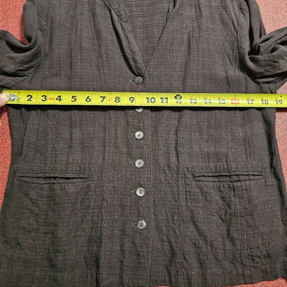 Eileen Fisher Linen Blend Button Up Blouse Sz M Dark Brown Pockets Minimalist - Picture 9 of 10